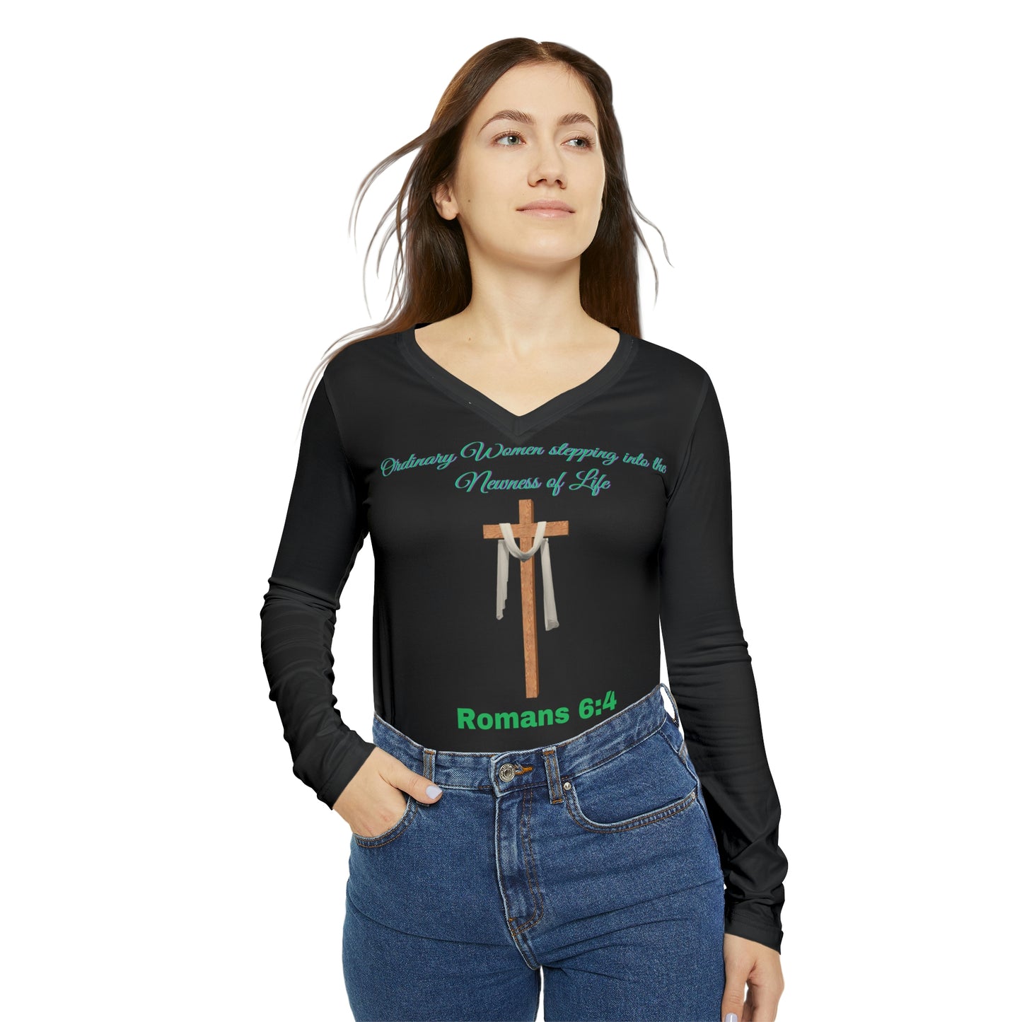 Women's Black Long Sleeve V-neck Shirt