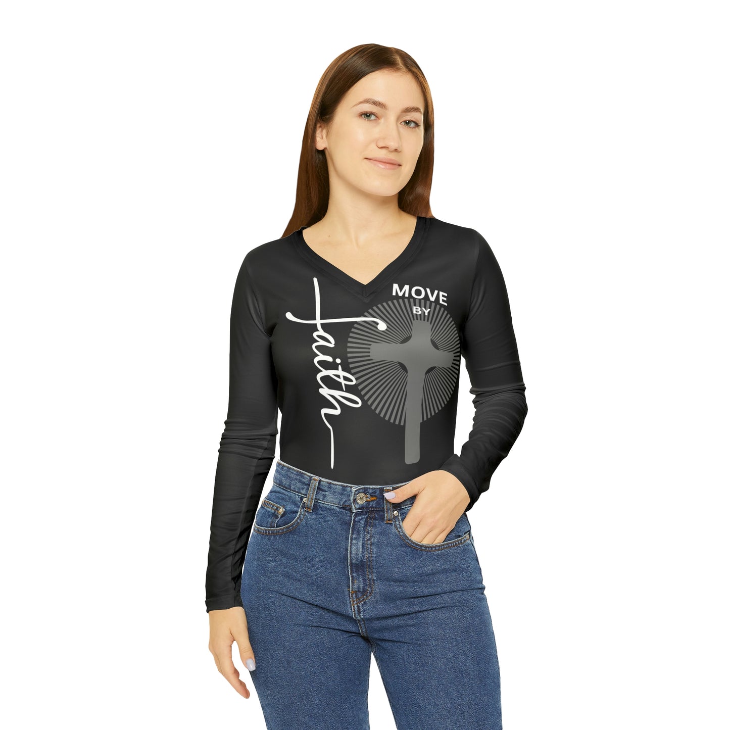 Women's Faith Black Long Sleeve V-neck Shirt