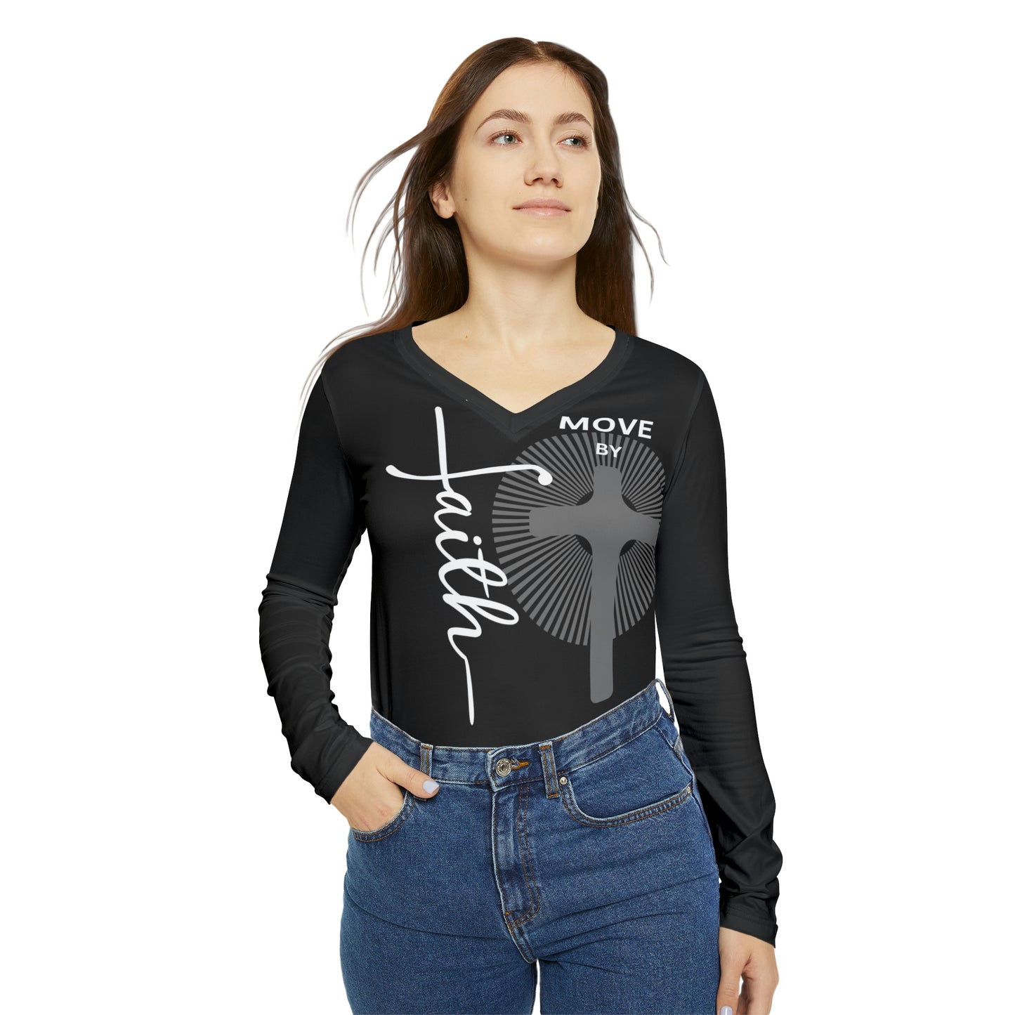 Women's Faith Black Long Sleeve V-neck Shirt