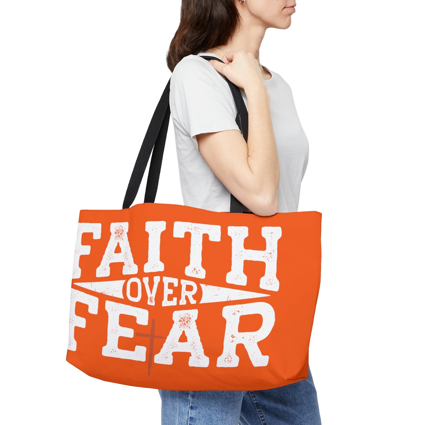 Faith over Fear Weekender Tote Bag (Orange/White)