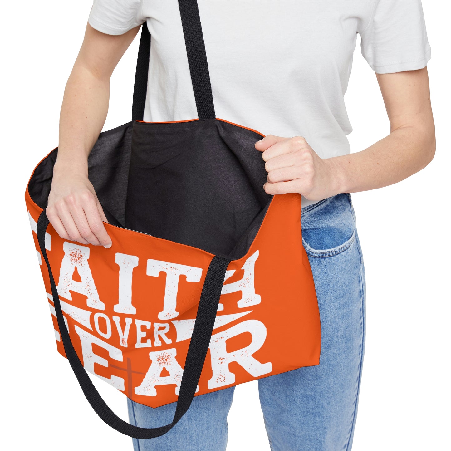 Faith over Fear Weekender Tote Bag (Orange/White)